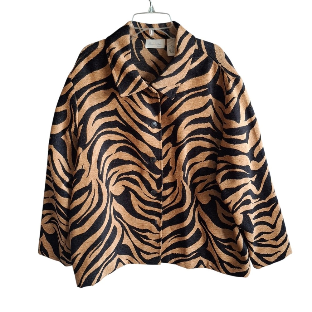 Studio Works Woman Jacket 2X Zebra Tiger Print Tapestry Knit Blazer Brown Black
